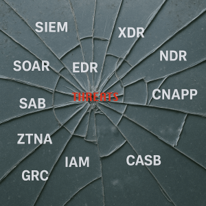 fractured pane of glass featuring security acronyms including SIEM, SOAR, EDR, SAB, ZTNA